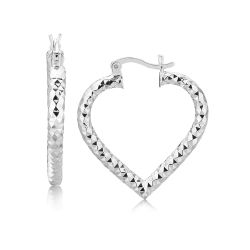 RCJ Sterling Rhodium Plated Heart Style Hoop Diamond Cut Earrings In Silver