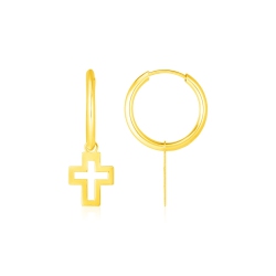 RCJ 14K Gold Hoop Polished Earrings With Crosses In Yellow