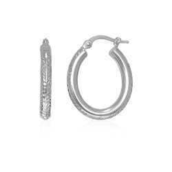 RCJ 14K Gold Diamond Cut Textured Oval Hoop Earrings. In White