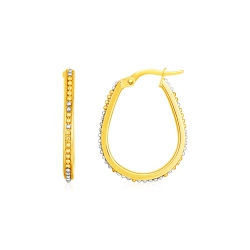 RCJ 14K Two Tone Oval Hoop Earrings With Bead Texture In Gold