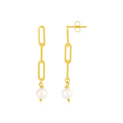 RCJ 14K Gold Paperclip Chain Link Earrings With Pearls In Yellow