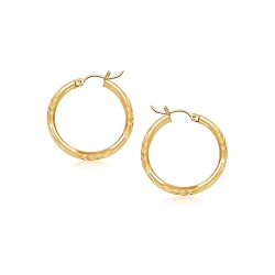 RCJ 14K Gold Fancy Diamond Cut Slender Small Hoop Earrings (15MM Diameter) In Yellow