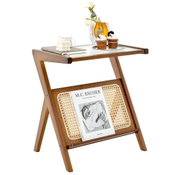 COSTWAY Rattan Side Table Bamboo Accent Bedside Table With Tempered Glass Top