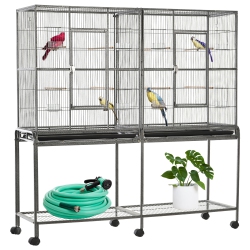 PAWHUT 64" Extra Large Bird Cage, Rolling Metal Parrot Cage, Bird House \w Detachable Rolling Stand, Storage Shelf, Wood Perch, Food Container
