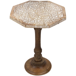 NORTHLIGHT 21" Wooden Brushed Engraved Paisley Octagonal Pedestal Side Table In White