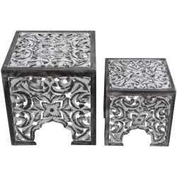 NORTHLIGHT Set Of 2 Antique Gray And Square Stackable Nesting Side Table And Stool 16" In Black
