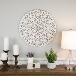 NORTHLIGHT 24" Brushed Antique Damask Round Wall Panel In White