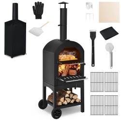 COSTWAY Outdoor Pizza Oven Wood Fire Pizza Maker Grill W/ Pizza Stone & Waterproof Cover