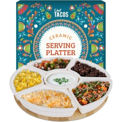 CHEF TACOS Ceramic Taco Serving Platter - Divided Serving Tray for Taco Tuesday Lazy Susan Taco Bar - Chip And Dip Serving Set for Party - Appetizer