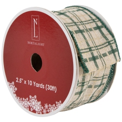 NORTHLIGHT And Beige Plaid Wired Craft Christmas Ribbon 2.5" X 10 Yards In Green