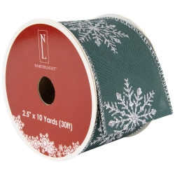 NORTHLIGHT With Glitter Snowflakes Wired Craft Christmas Ribbon 2.5" X 10 Yards In Green