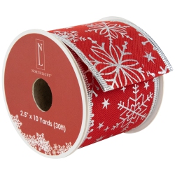 NORTHLIGHT Shimmering With Silver Snowflakes Wi Craft Christmas Ribbon 2.5" X 10 Yards In Red