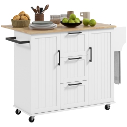 HOMCOM Kitchen Island With Drop Leaf, Rolling Kitchen Cart On Wheels With 3 Drawers, 2 Cabinets, Natural Wood Top, Spice Rack And Towel Rack In White