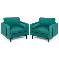 COSTWAY Set Of 2 Accent Armchair Single Sofa W/ Bolster Side Storage Pocket In Teal