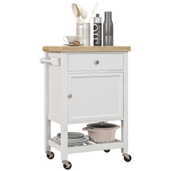HOMCOM Rolling Kitchen Island Cart With Wood Top, Butcher Block Kitchen Cart On Wheels With Drawer, Storage Cabinet And Towel Rack In White
