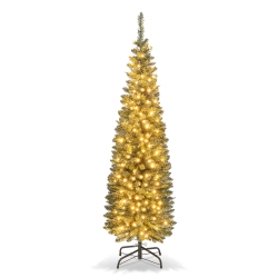 TOPBUY 5/6/7/8/9Ft Artificial Christmas Tree Pre-Lit Pencil Xmas Tree With 296/390/499/591/699 Branch Tips 150/180/200/300/400 Warm Led Lights