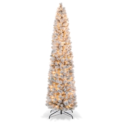 TOPBUY 4.5/6/7Ft Pre-Lit Artificial Christmas Tree Snow-Flocked Pencil Xmas Tree With 100/150/210 Warm Lights 258/373/466 Branch Tips In White