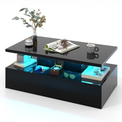 TOPBUY Led Coffee Table Modern High Gloss Coffee Table W/ 20-Color Led Lights Adjustable Speed Brightness & Remote Control White/black