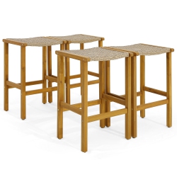 TOPBUY Outdoor Wood Bar Stools Set Of 2/4 30" Bar Height Acacia Wood Stools With Pe Rattan Saddle Seat Outdoor Wicker Bar Chairs