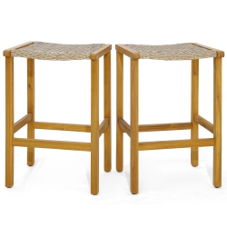 TOPBUY Outdoor Wood Bar Stools Set Of 2/4 30" Bar Height Acacia Wood Stools With Pe Rattan Saddle Seat Outdoor Wicker Bar Chairs