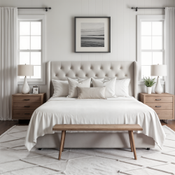 AYKAH Queen Size Linen Upholstered Tufted Bed, Low Profile Platform, Metal Bed Frame \w High Headboard, Wood Slat Support, Modern Design, Mattress