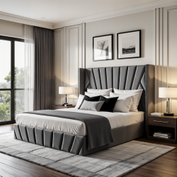 AYKAH Queen Size Bed Frame With Storage, Metal Bed Frame With High Headboard, Wood Slat Support, No Box Spring Required