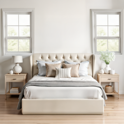 AYKAH Modern Velvet King Bed Frame With Storage, Metal King Size Bed Frame With High Headboard, Wood Slat Support, No Box Spring Required