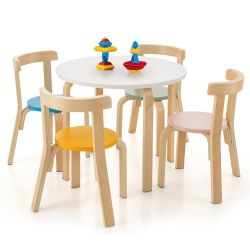 GYMAX 5-Piece Kids Wooden Curved Back Activity Table & Chair Set W/toy Bricks