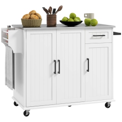 HOMCOM Kitchen Island \w Storage, Rolling Kitchen Cart On Wheels, Kitchen Island \w Storage, Drawer, 3 Cabinets, Stainless Steel Countertop, Spice