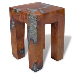 VIDAXL Solid Teak Wood Stool, Transparent Resin With Crushed Glass, 11.8" X 11.8" X 15.7" In Brown
