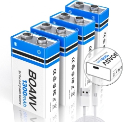 GENERIC 4PCs 1300Mah 9V Rechargeable Batteries, 9V Rechargeable USB Lithium Long Lasting Battery, With 2 In 1 Charging Cable