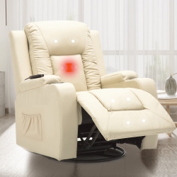 COMHOMA Recliner Chair Pu Leather Rocking Sofa With Heated Massage, Cream In White