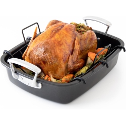 CHEF POMODORO Deluxe Large Carbon Steel Roasting Pan With U-Rack, 18.5 X 14.5-Inch, Extra-Large – The Ultimate Solution for Flawless Roasts In Grey