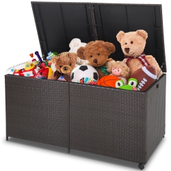 TOPBUY 175 Gallon Deck Storage Box Outdoor Mix Wicker Storage Bin W/ Zippered Liner & 2 Universal Wheels Safe Pneumatic Rod In Brown