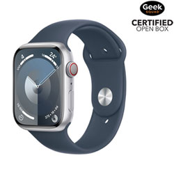 Open Box - Apple Watch Series 9 (GPS + Cellular) 45mm Silver Aluminum Case w/Storm Blue Sport Band - Small/Medium