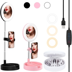 DOLAER Portable Multi-Functional 6.3 Dimmable Led Selfie Continuous Video Halo Ring Light Zoom Live Stream Phone Holder Stand \w Makeup Vanity Mirror