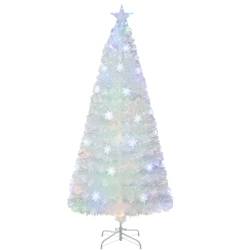 GYMAX 5/6/7 Ft Pre-Lit Fiber Optic Christmas Tree Artificial Christmas Tree W/ Iridescent Leaves In White