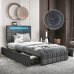 GYMAX Twin Upholstered Platform Bed With Led Headboard Charging Station Storage Drawer