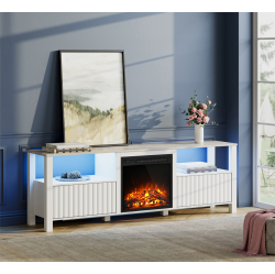 WAMPAT Fireplace Tv Stand for 75 Inch Tv With Blue/yellow Led Light Entertainment Center Modern Tv Console Table, 70 Inch In White