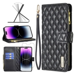 SUPERSHIELD Apple Smart View Diamond Quilted Leather Protective Case Cover for Iphone 13/14 With Free Tempered Glass Screen Protector In Black