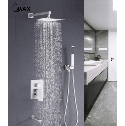 MAX FAUCETS Brushed Nickel Square Tub Shower System Three Functions With Valve