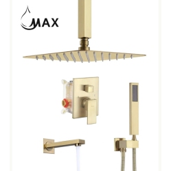 MAX FAUCETS Brushed Ceiling Tub Shower System Three Functions With Valve In Gold