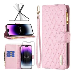 SUPERSHIELD Apple Smart View Diamond Quilted Leather Protective Case Cover for Iphone 13/14 Rose With Free Tempered Glass Screen Protector In Gold