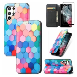 SUPERSHIELD Caseneo for Samsung Galaxy S23 Ultra Leather Wallet Flip Case \w Rfid Blocking Credit Card Holder Slots Cover – Colored Squares Scales