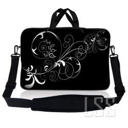 LSS Laptop Skin Shop 15-15.6 Inch Neoprene Laptop Sleeve Bag Carrying Case With Handle And Adjustable Shoulder Strap - Vines Black And Swirl Floral