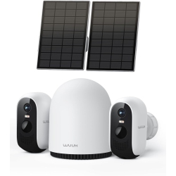 WUUK No Subscription Solar-Powered Outdoor Security Cameras \w 32GB Storage Base Station, 2 Wireless Cameras Included, 2K Resolution, Compatible \w