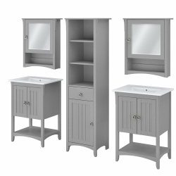 BUSH FURNITURE 48W Double Vanity Set With Sinks, Medicine Cabinets And Linen Tower Cape Cod In Gray