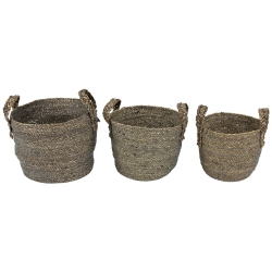 NORTHLIGHT Set Of 3 Round Seagrass Storage Baskets With Braided Handles 13.5" In Dark Brown