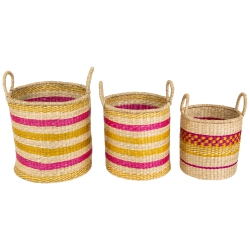 NORTHLIGHT Set Of 3 Striped Fuchsia And Seagrass Woven Baskets With Handles 13.75" In Yellow
