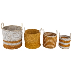 NORTHLIGHT Set Of 4 Striped Woven Seagrass Round Baskets With Handles 13.5
